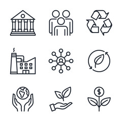 ESG concept. Environmental, social, and corporate governance related editable stroke outline icons set  isolated on white background flat vector illustration. Pixel perfect. 64 x 64.