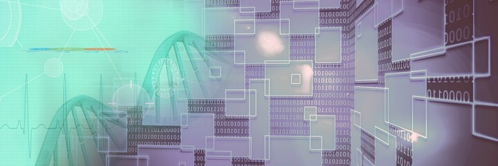 Composition of dna strand and medical data processing on green background