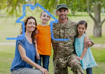 Wall Mural - Composition of house drawing over portrait of male soldier with his wife and children