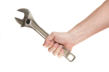 Hand holds an adjustable wrench on a white background