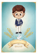 Illustration of a child making his first communion card