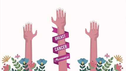 Canvas Print - breast cancer awareness animation with hands up and flowers