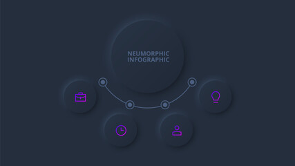Dark neumorphic flow chart infographic. Template for diagram, graph, presentation and chart. Skeuomorph concept with 4 options, parts, steps or processes