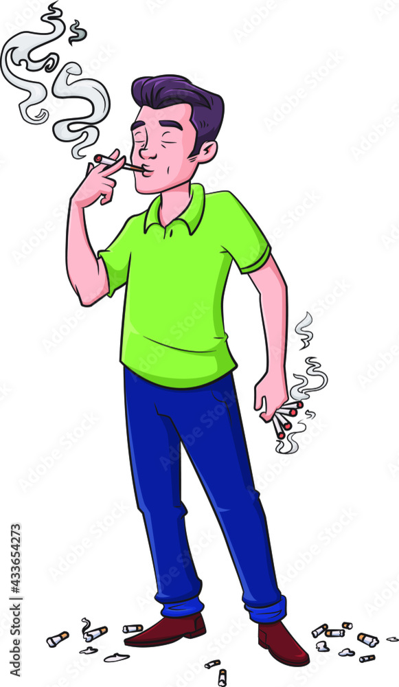 Cartoon vector illustration of a man chain smoking Stock Vector