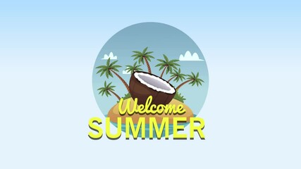 Sticker - welcome summer lettering with coconut on the beach