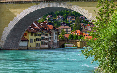 Views of  streets, river, houses and roofs of the old town Bern, Switzerland