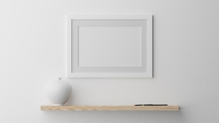 Poster mockup, white wooden frame 3D rendering