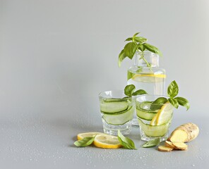 Cucumber, lemon, basil and ginger infused water, lemonade, coctail. Summer iced cold drink  Selective focus