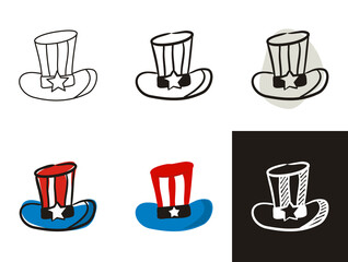 Wall Mural - Top hat icons set isolated. Elements by July 4th in national colors of United States of America. Contour, doodle style, flat and chalk on blackboard. Vector illustration for USA Independence Day