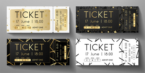 Admission ticket template set. Creative entrance ticket with abstract line, stars on gold, black and white background. Design vector template for concert event, musical performance, exhibition, show