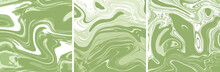 Matcha Latte Swirls. Vector Marble Texture Square Tile Triptych. Ink Marbling Paper Background. Elegant Luxury Backdrop. Liquid Paint Swirled Patterns. Japanese Suminagashi Or Turkish Ebru Technique. 