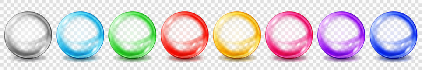 Poster - set of translucent colored spheres with glares and shadows on transparent background. transparency o