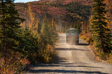 Wall Mural - bus road trip on narrow gravel road inside DEnali national park during autumn.