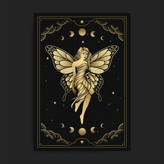 Beautiful fairy or nymph, with engraving, hand drawn, luxury, celestial, esoteric, boho style, fit for spiritualist, religious, paranormal, tarot reader, astrologer or tattoo vector