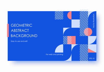 Geometric Abstract Backgrounds Design. Composition of simple geometric shapes on a white background. For use in Presentation, Flyer and Leaflet, Cards, Landing, Website Design. Vector illustration.
