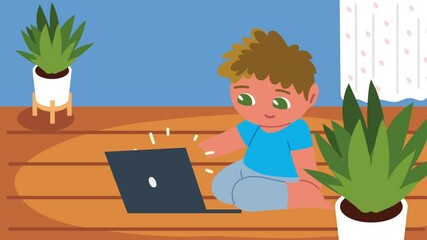 Wall Mural - little student boy with laptop elearning