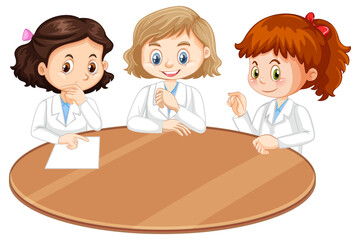 Canvas Print - Three scientist girls cartoon character with blank table