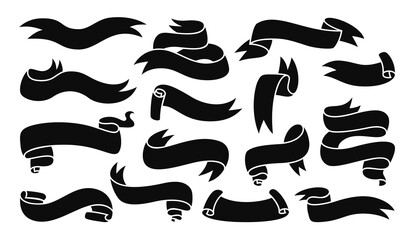 Wall Mural - ribbon banner black glyph set. tape blank linear collection, decorative icons. vintage design, simpl