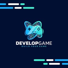 Game development logo design, joystick concept and programming code with a modern and colorful logo style, vector illustration