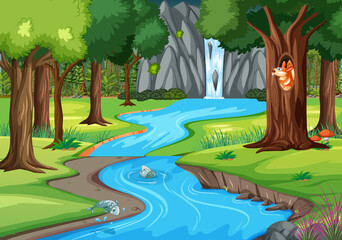 Wall Mural - Jungle scene with many trees and waterfall