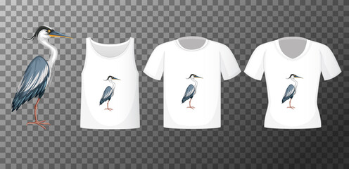 Poster - Stork bird in stand position cartoon character with many types of shirts on transparent background