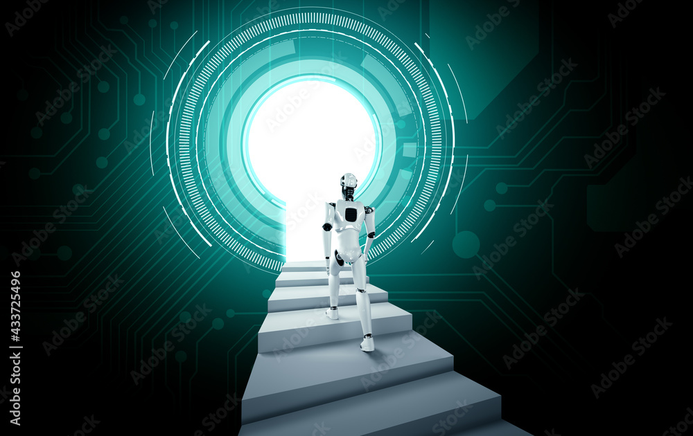 3D rendering robot humanoid walk up stair to success and goals ...