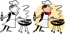 A Vintage Retro Cartoon Of A Man In A Chef Hat And Apron Barbecuing Burgers On A Grill.