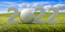 Golfing 2022. New Year, Green Grass Field, Blue Sky Background. 3d Illustration