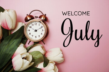 Poster - Welcome July text with alarm clock and tulip flower decoration on pink background