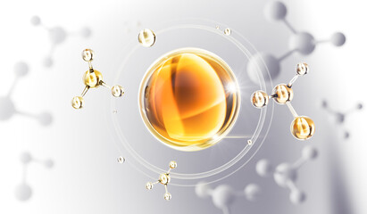 Wall Mural - Cosmetic Essence oil Liquid drop with molecule on a white background, 3d rendering.