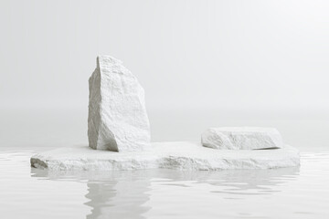 cosmetic display product stand white stone podium scene on water background