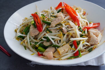 Homemade Stir Fried Bean Sprouts with Tofu and Pork Belly Thai food for health