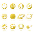 solar system planets. Astronomical observatory small planet pluto, venus mercury earth moon neptune uranus meteor crater and star universe astronaut sign. Astronomy galaxy space vector isolated Golden