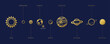 © Eakglory - solar system planets. Astronomical observatory small planet pluto, venus mercury earth moon neptune uranus meteor crater and star universe astronaut sign. Astronomy galaxy space vector isolated Golden