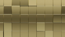 3D, Polished Wall Background With Tiles. Luxurious, Tile Wallpaper With Gold, Square Blocks. 3D Render