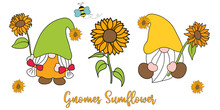 Gnomes Sunflower And Sunflower Vector Illustration,