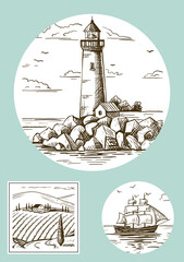 Wall Mural - A lighthouse on a rocky shore and a ship on the horizon. Hand drawn sketch. Vintage style. Color vector illustration .