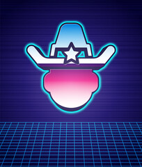 Wall Mural - Retro style Sheriff cowboy hat with star badge icon isolated futuristic landscape background. Police officer. 80s fashion party. Vector