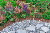 Fototapeta Desenie - Backyard Garden Modern Designed Landscaping. Decorative Garden Design. Back Yard Lawn And Natural Mulched Border Between Grass, Plants And Pebble, Gravel Or Stone Walk Path.