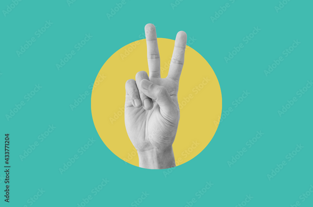 Digital collage modern art. Hand showing peace hand sign - obrazy, fototapety, plakaty 