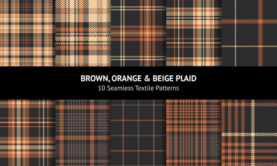 tartan plaid pattern set in brown, orange, beige. seamless dark herringbone check vector graphics fo