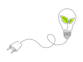 Plant inside Lightbulb with power plug in one line drawing. Creative concept of Eco energy and environmental friendly sources. Vector illustration