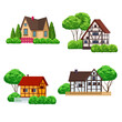Cozy village houses with front garden, trees and fence. Vector illustration