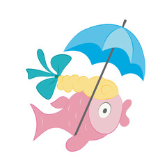 Wall Mural - Cartoon fish with braid, bow and umbrella. A funny character for children's illustrations. Hand-drawn vector. Marine life, underwater world. Cheerful aquarium, sea and ocean. For girl, print t-shirt.