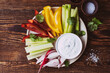 Keto diet snack platter with vegetable crudites and blue cheese dipping sauce