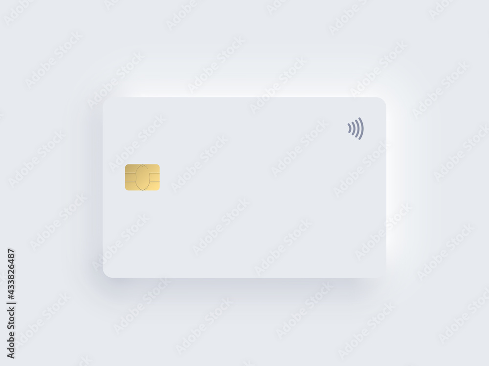 Neumorphism plastic bank credit card template with gold chip and shadow. Vector realistic object isolated on white background. Digital technology mockup. Contactless, wireless online payment concept. - obrazy, fototapety, plakaty 