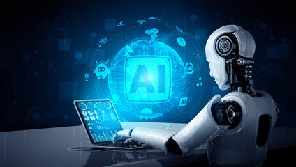 Wall Mural - Robot humanoid use laptop and sit at table in concept of AI thinking brain , artificial intelligence and machine learning process for the 4th fourth industrial revolution . 3D illustration.