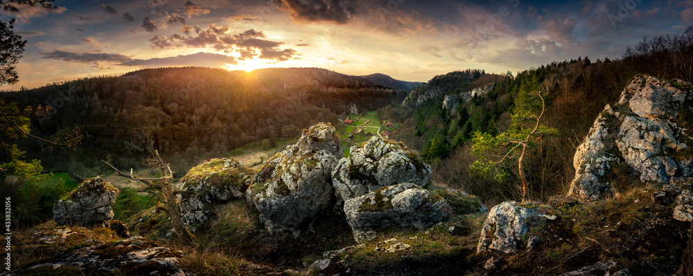 Panoramic view from the limestone peak to Pradnik Valley. Ojcowski National Park - obrazy, fototapety, plakaty 