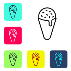 Sticker - Black line Ice cream in waffle cone icon isolated on white background. Sweet symbol. Set icons in color square buttons. Vector