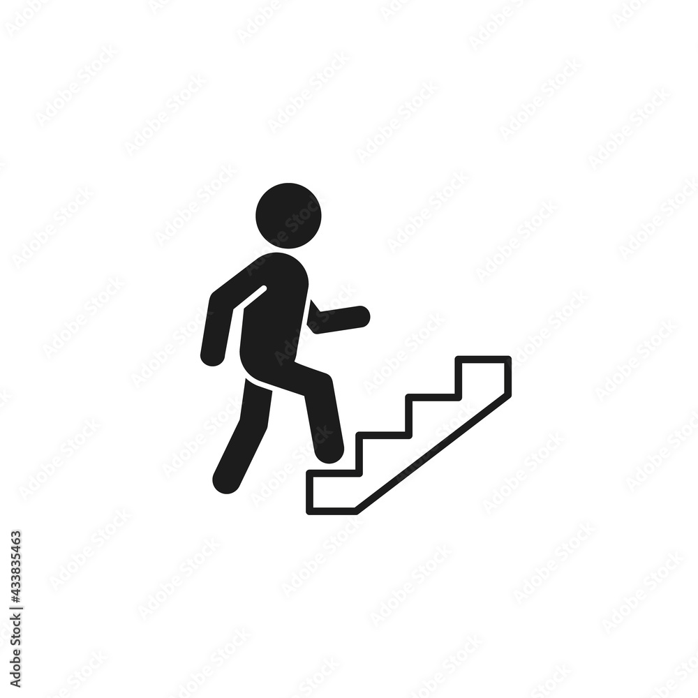 Upstairs icon sign. Walking man in the stairs flat design. Vector isolated illustration